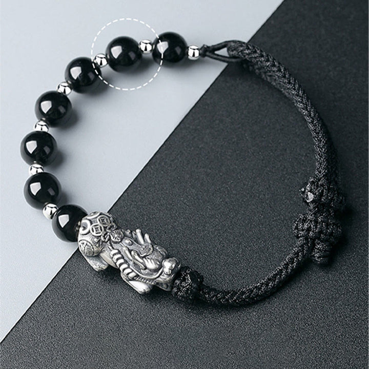 Buddha Stones999スターリングシルバー 風水 貔貅 天然黒曜石 925スターリングシルバー ビーズ強さブレスレット