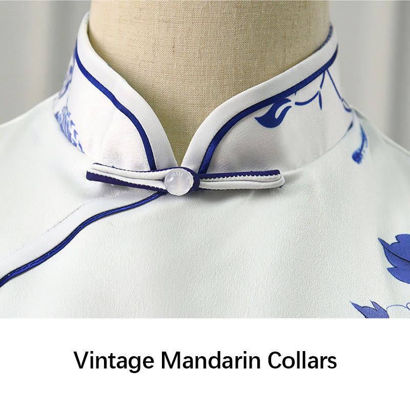 Buddha Stonesの青と白の磁器色の牡丹の花柄のチャイナドレスレディースチーパオドレス - image 9