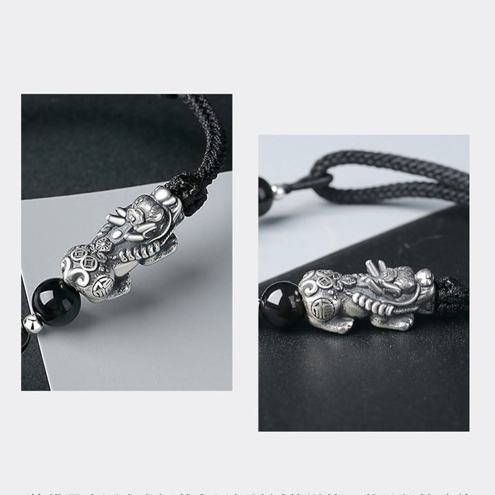 Buddha Stones999スターリングシルバー 風水 貔貅 天然黒曜石 925スターリングシルバー ビーズ強さブレスレット
