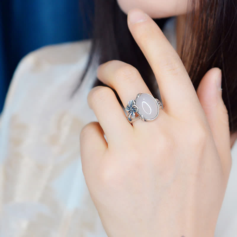 990スターリングシルバー天然カルセドニープラムポジティブハーモニーリング