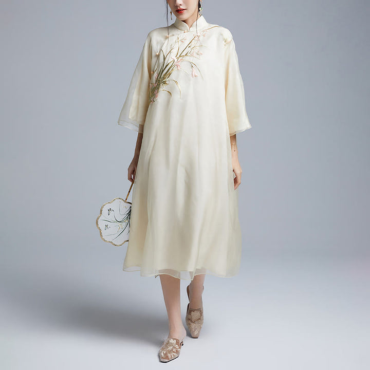 Buddha Stones 100% マルベリーシルク 6匁 ドレス ヴィンテージ フラワー バタフライ 刺繍 チーパオ ドレス レディース チャイナドレス