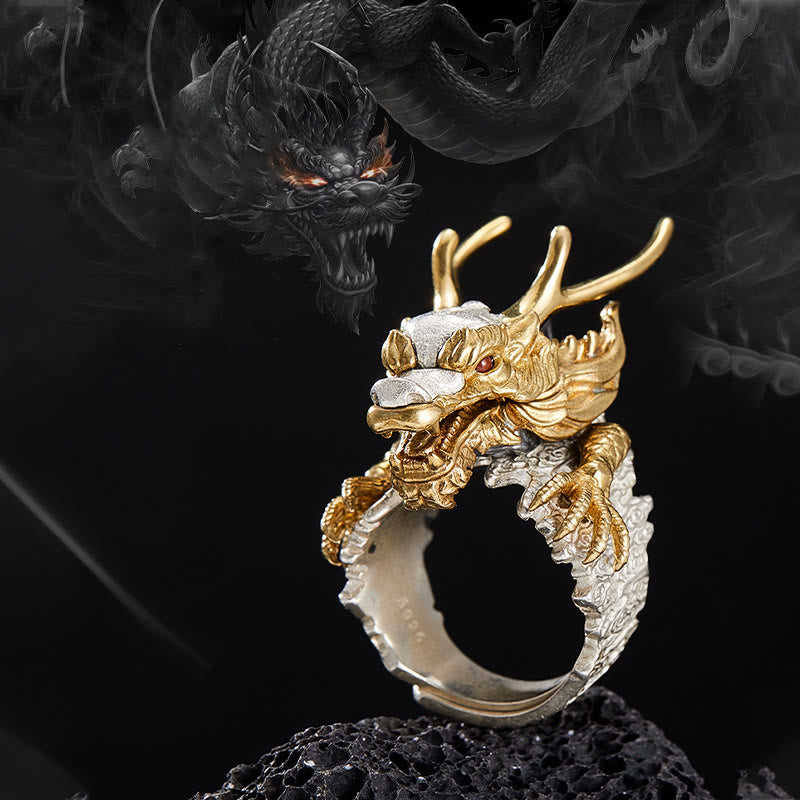 Buddha Stones925スターリングシルバー ドラゴン 幸運 成功 守護 調節可能 リング ペンダント