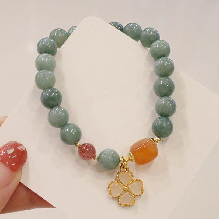 Buddha Stones翡翠四つ葉のクローバーチャーム繁栄ブレスレット