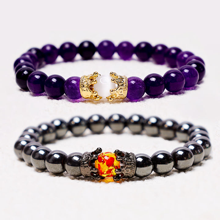 Buddha Stones天然石 キング&クイーン クラウン ヒーリング エネルギー ビーズ カップル ブレスレット