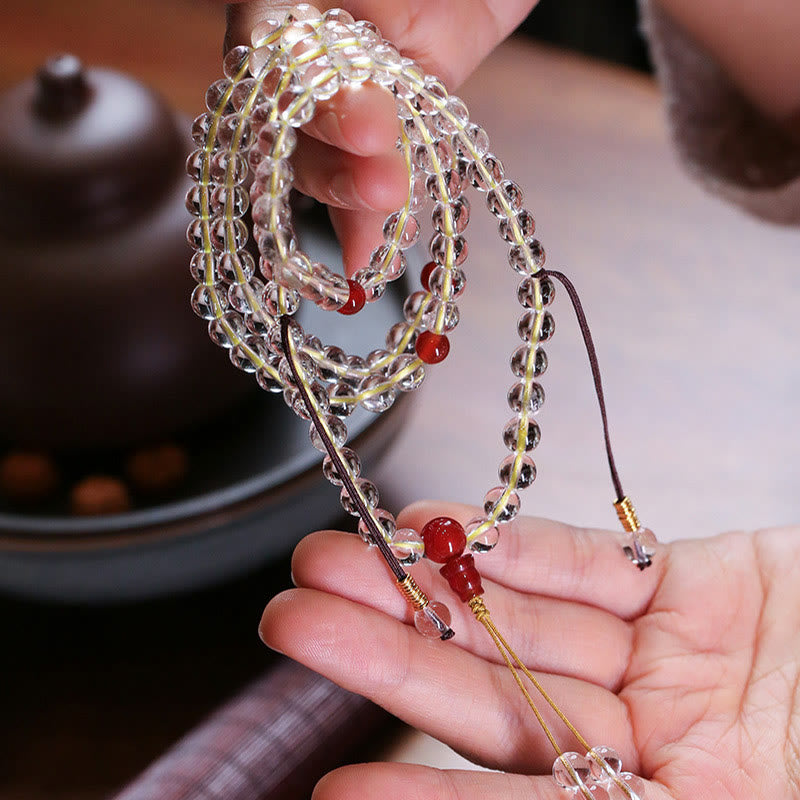 Buddha Stones 108Malaビーズ 925 スターリングシルバー 天然ホワイトアゲート レッドアゲート 4重ラップ保護ブレスレット