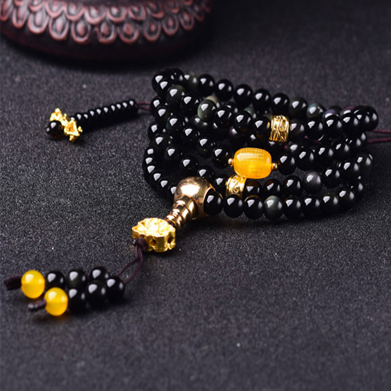 Buddha Stones108 ビーズ 天然黒曜石 蓮 成就Malaブレスレット