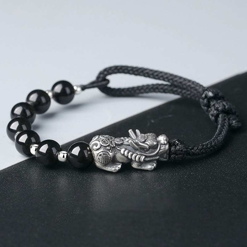 Buddha Stones999スターリングシルバー 風水 貔貅 天然黒曜石 925スターリングシルバー ビーズ強さブレスレット