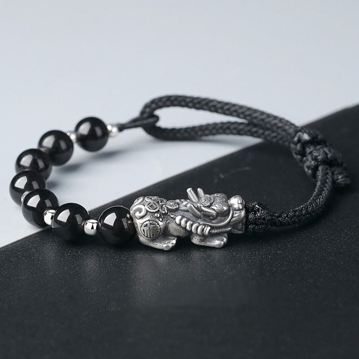 Buddha Stones999スターリングシルバー 風水 貔貅 天然黒曜石 925スターリングシルバー ビーズ強さブレスレット