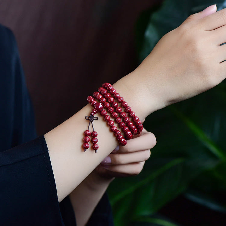 Buddha Stones 108Malaビーズ 辰砂Om Mani Padme Hum模様 刻印入り 祝福ブレスレット