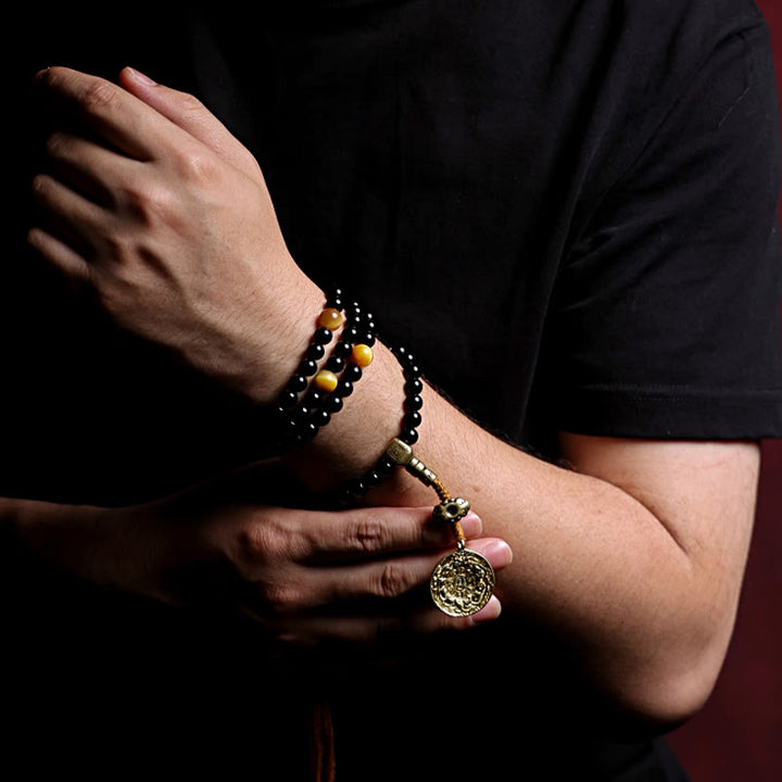 Buddha Stonesチベット 108 個Malaビーズ ブラックオニキス タイガーアイビーズ 九宮 八卦 守護ブレスレット