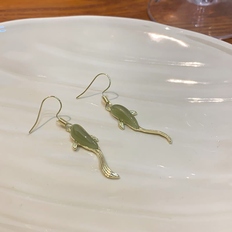Buddha Stones 魚模様の翡翠 幸運を呼ぶ ドロップイヤリング