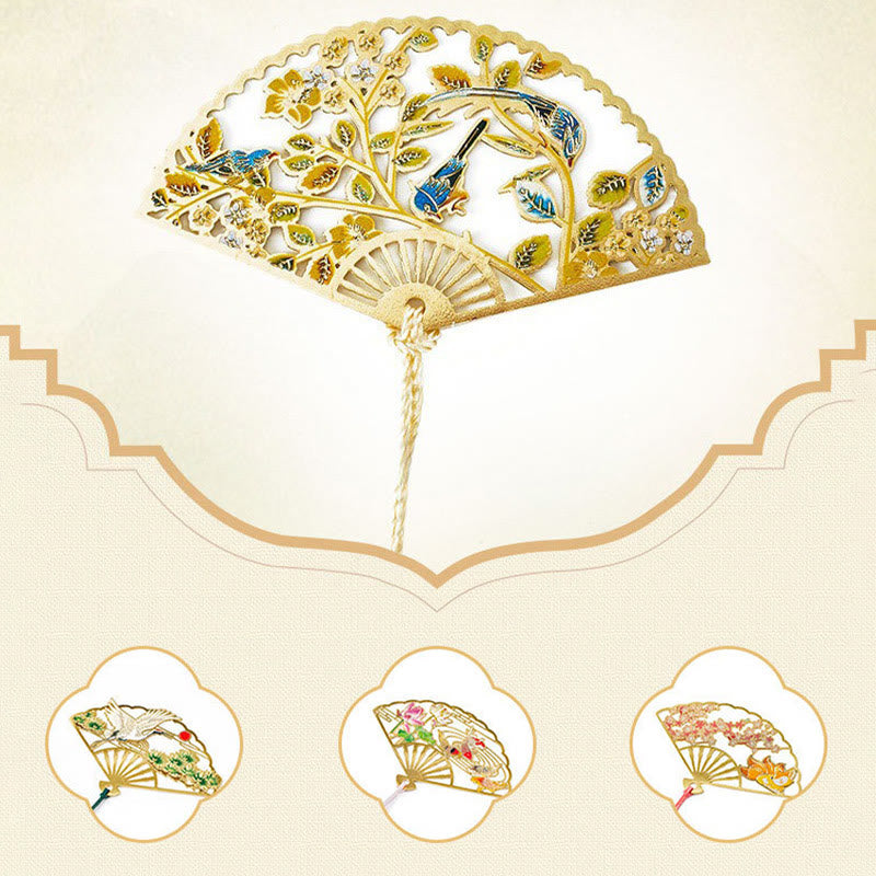 Buddha Stones伝統的な蝶 蓮の花 鶴 龍 鳳凰 狐 鯉 新しい始まり 金属 真鍮 中空扇子 ブックマーク