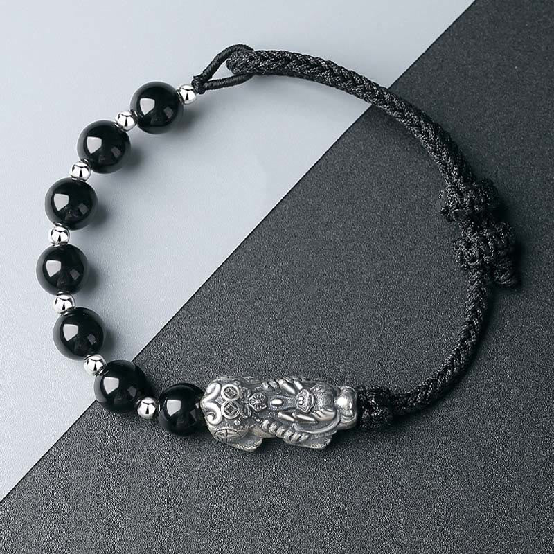 Buddha Stones999スターリングシルバー 風水 貔貅 天然黒曜石 925スターリングシルバー ビーズ強さブレスレット