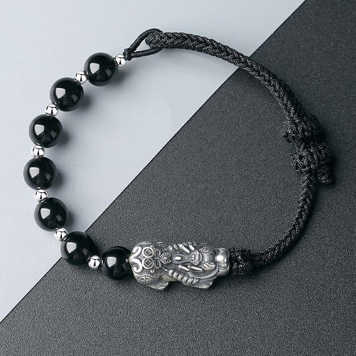 Buddha Stones999スターリングシルバー 風水 貔貅 天然黒曜石 925スターリングシルバー ビーズ強さブレスレット