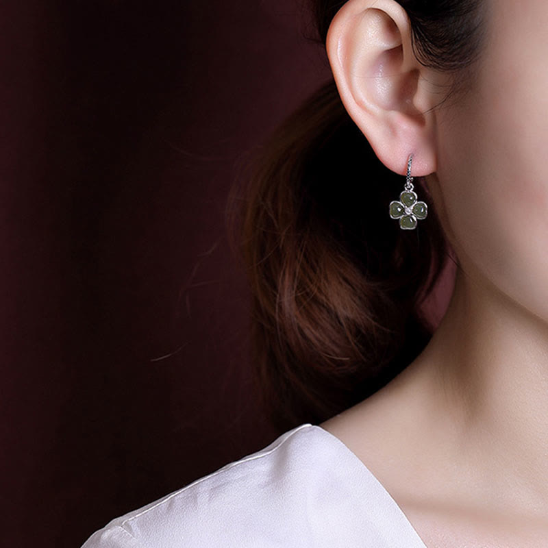 Buddha Stones 925スターリングシルバー 天然シアン翡翠 四つ葉のクローバー 幸運 成功 イヤリング