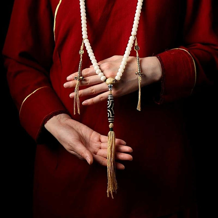 Buddha Stonesチベット 108Malaビーズ菩提樹種子八卦金剛 Dzi ビーズグレー瑪瑙富ブレスレット