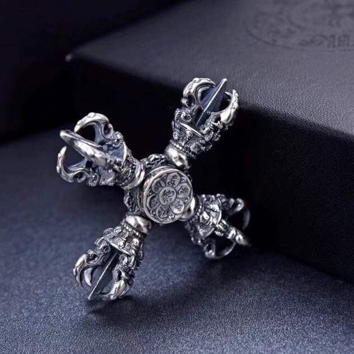 Buddha Stonesチベット 925 スターリングシルバー ダブルドルジェ ヴァジュラ 彫刻 スピリチュアルパワーペンダント