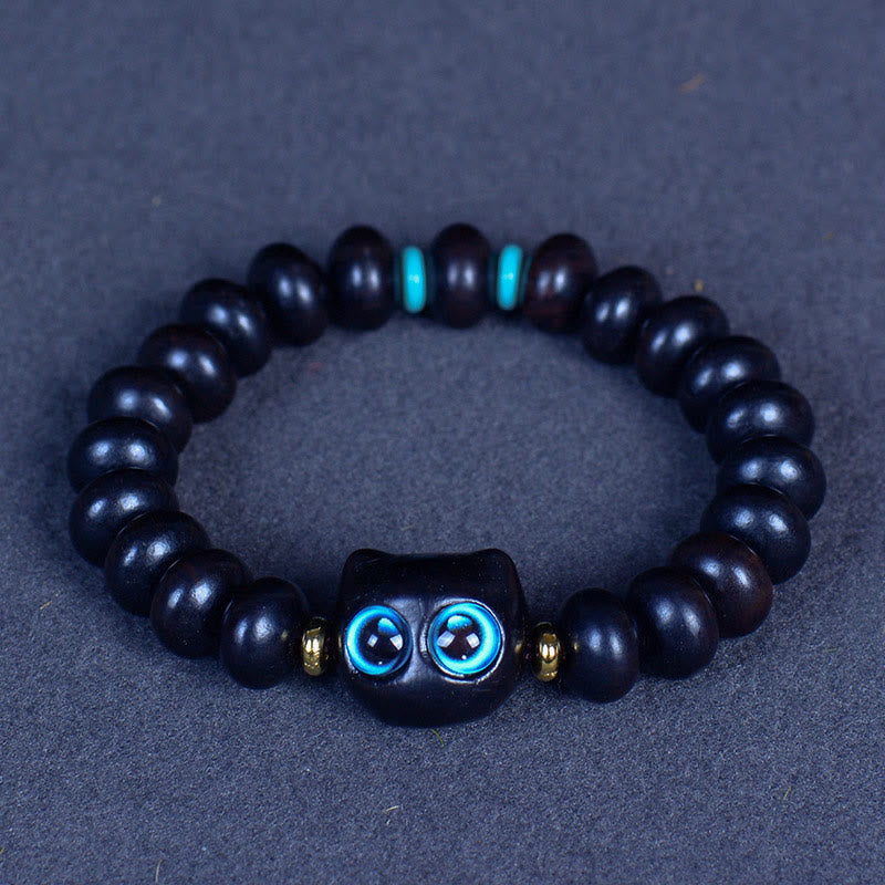 Buddha Stones、黒檀、琉璃ガラス、愛らしい猫の平和バランスブレスレット - 黒檀 7*10mm*21ビーズ(手首周り14-16cm) - image 1