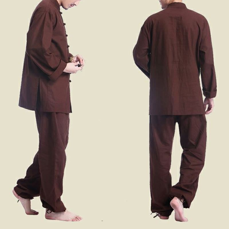 Buddha Stones中国風 カエル ボタンデザイン 瞑想 祈り コットン リネン スピリチュアル 禅 練習 ヨガ ウェア メンズ セット - image 16