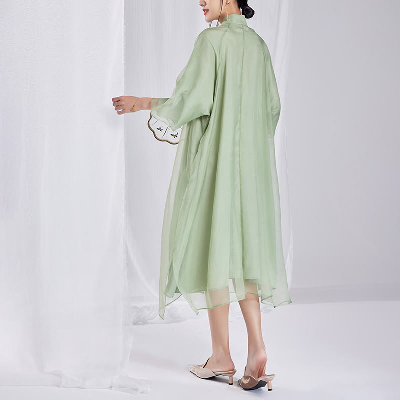 Buddha Stones 100% マルベリーシルク 6匁 ドレス ヴィンテージ フラワー バタフライ 刺繍 チーパオ ドレス レディース チャイナドレス