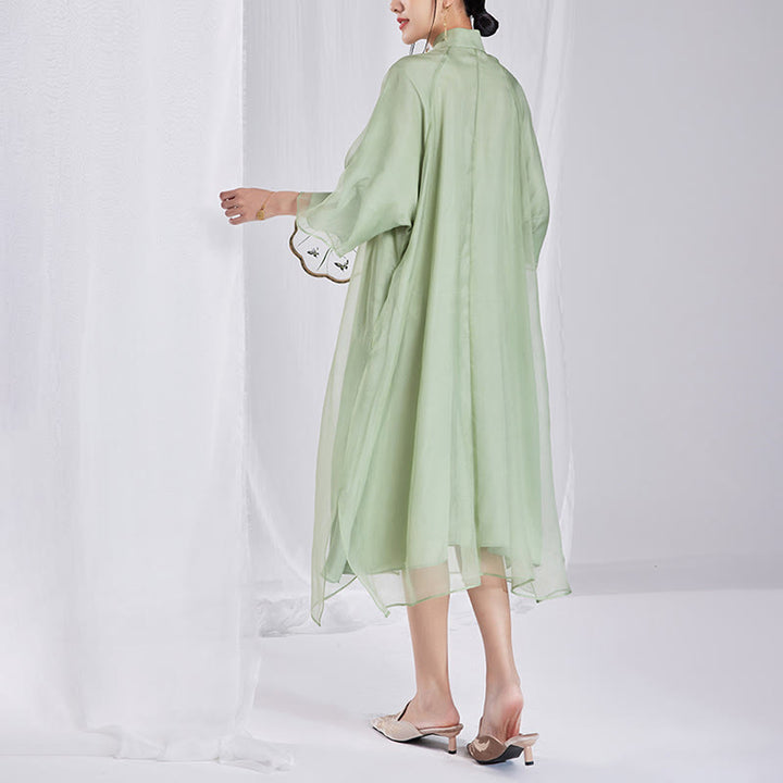 Buddha Stones 100% マルベリーシルク 6匁 ドレス ヴィンテージ フラワー バタフライ 刺繍 チーパオ ドレス レディース チャイナドレス