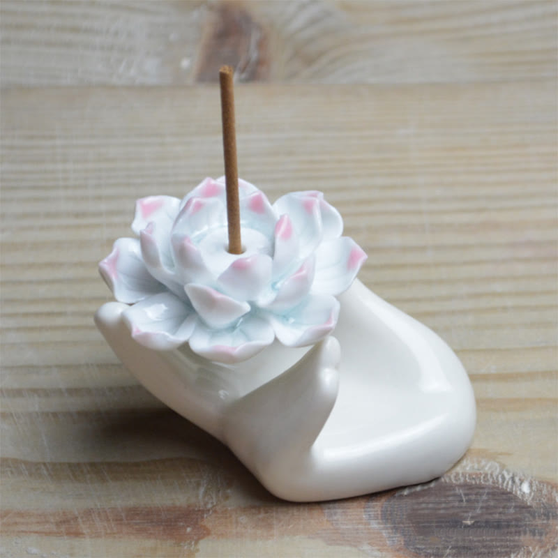 Buddha Stones小さな陶器製 蓮の手 癒し 瞑想 香炉 装飾