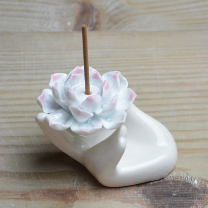 Buddha Stones小さな陶器製 蓮の手 癒し 瞑想 香炉 装飾