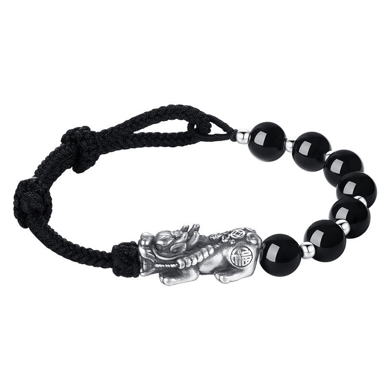 Buddha Stones999スターリングシルバー 風水 貔貅 天然黒曜石 925スターリングシルバー ビーズ強さブレスレット