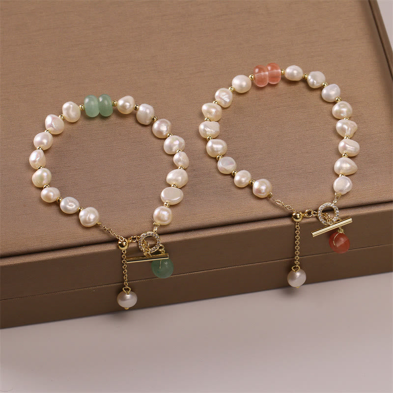 Buddha Stonesパールグリーン ストロベリークォーツ ビーズ ヒーリングチェーンブレスレット