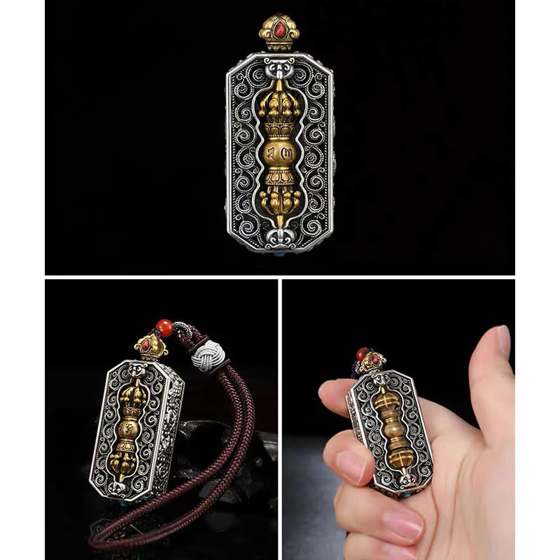 Buddha Stones チベット彫刻 回転式ドルジェ(ヴァジュラ) Om Mani Padme Hum入り 蓮模様 清浄ペンダント ネックレス