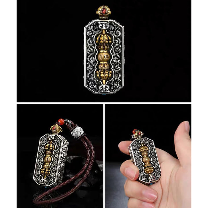 Buddha Stones チベット彫刻 回転式ドルジェ(ヴァジュラ) Om Mani Padme Hum入り 蓮模様 清浄ペンダント ネックレス