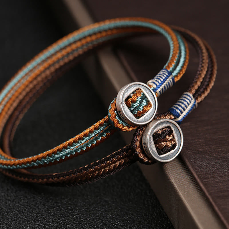 Buddha Stones 925スターリングシルバー 守護 編み込みロープブレスレット(ボタン留め) ハンドメイド
