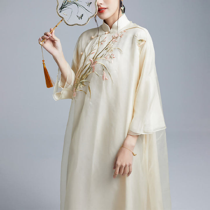 Buddha Stones 100% マルベリーシルク 6匁 ドレス ヴィンテージ フラワー バタフライ 刺繍 チーパオ ドレス レディース チャイナドレス