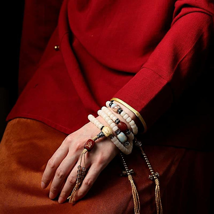 Buddha Stonesチベット 108Malaビーズ菩提樹種子八卦金剛 Dzi ビーズグレー瑪瑙富ブレスレット