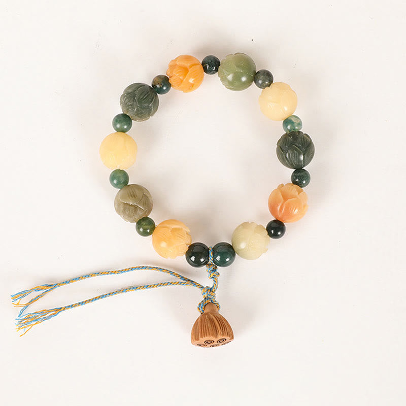 Buddha Stones菩提樹蓮珠彫刻入り苔瑪瑙平和静寂ブレスレット