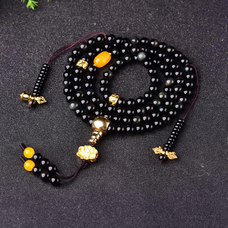 Buddha Stones108 ビーズ 天然黒曜石 蓮 成就Malaブレスレット