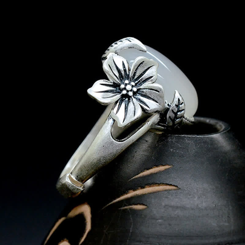 990スターリングシルバー天然カルセドニープラムポジティブハーモニーリング