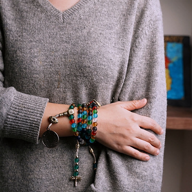 Buddha Stonesチベット 108 個Malaビーズ マルチカラー 琉璃 ガラスビーズ 十二支 九宮 八卦 チャームブレスレット