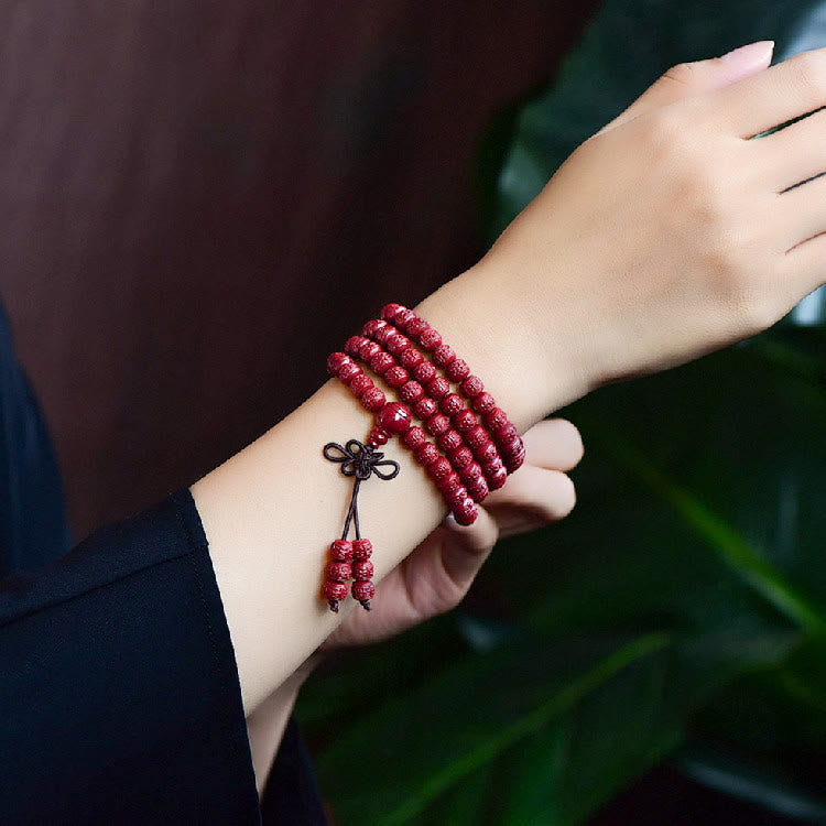 Buddha Stones 108Malaビーズ 辰砂Om Mani Padme Hum模様 刻印入り 祝福ブレスレット