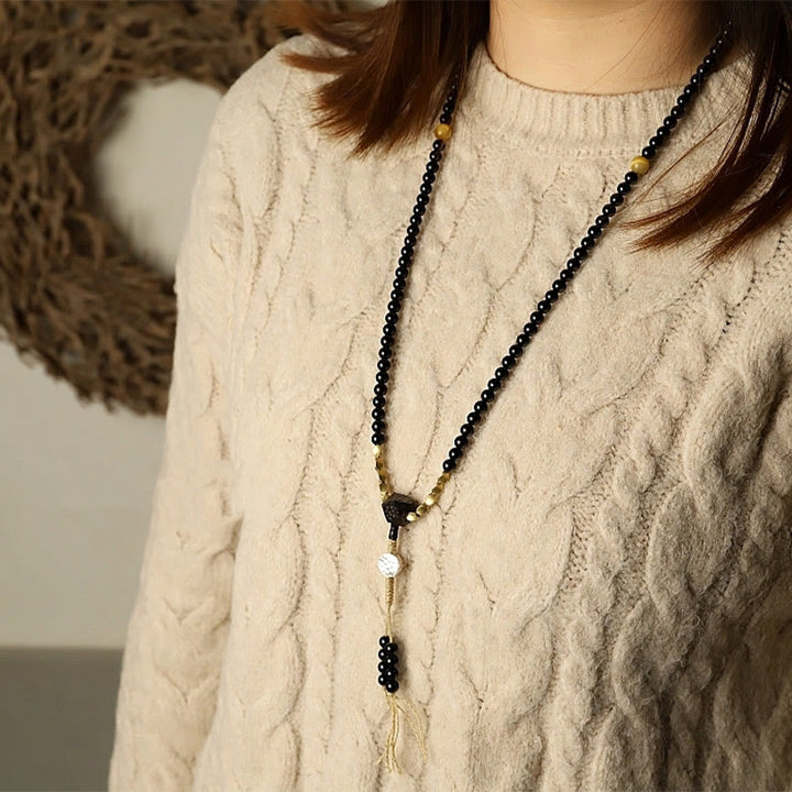 Buddha Stonesチベット 108 個Malaビーズ ブラックオニキス 三目 ジービーズ 守護ブレスレット