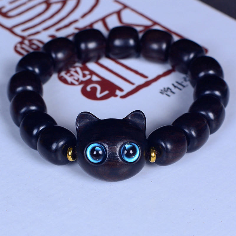 Buddha Stones、黒檀、琉璃ガラス、愛らしい猫の平和バランスブレスレット - 黒檀 12*11mm*15ビーズ(手首周り14-16cm) - image 16