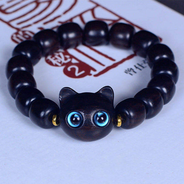 Buddha Stones、黒檀、琉璃ガラス、愛らしい猫の平和バランスブレスレット - 黒檀 12*11mm*15ビーズ(手首周り14-16cm) - image 16