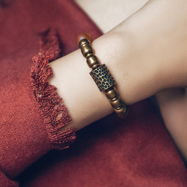 チベット産レッドアゲート、グリーンアゲート、銅製自信幸運ブレスレット