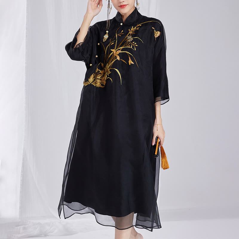 Buddha Stones 100% マルベリーシルク 6匁 ドレス ヴィンテージ フラワー バタフライ 刺繍 チーパオ ドレス レディース チャイナドレス