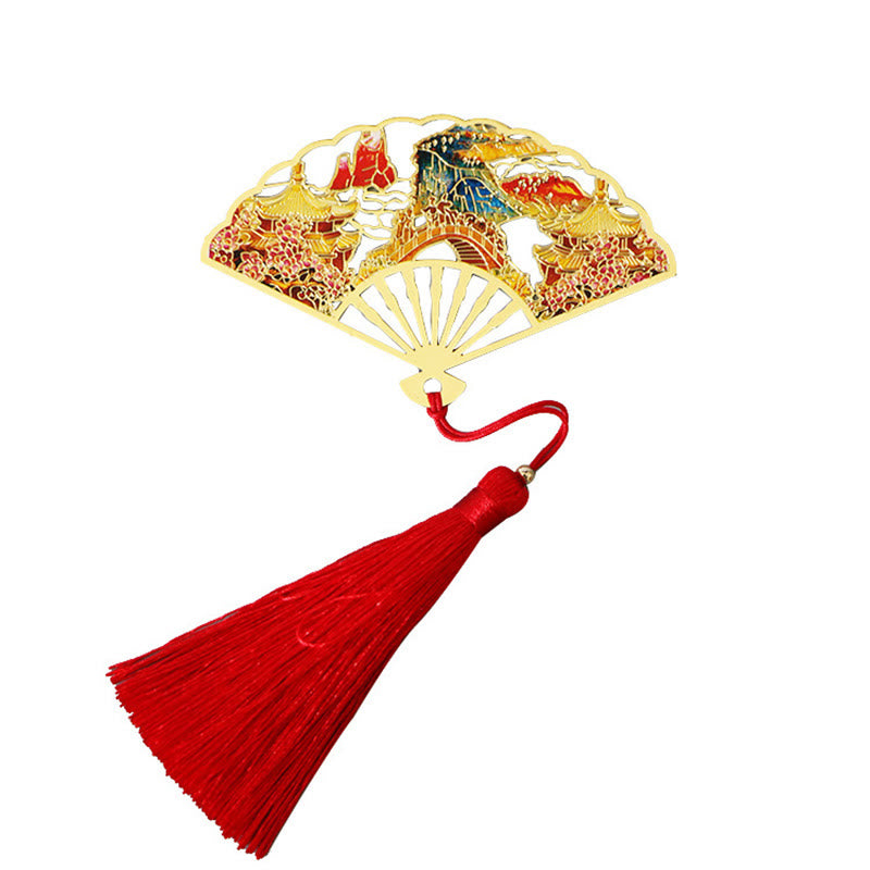 Buddha Stones伝統的な蝶 蓮の花 鶴 龍 鳳凰 狐 鯉 新しい始まり 金属 真鍮 中空扇子 ブックマーク