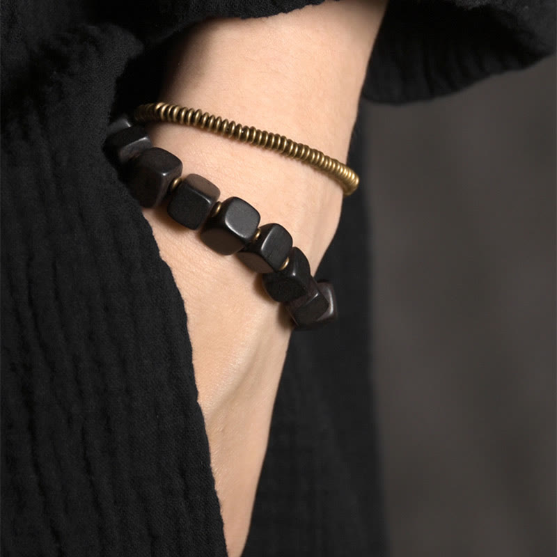 Buddha Stonesチベット黒檀木銅平和ダブルラップブレスレット