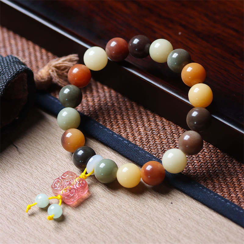 Buddha Stones天然 マルチカラー グラデーション 菩提樹 瑠璃ガラス チャーム 平和ブレスレット