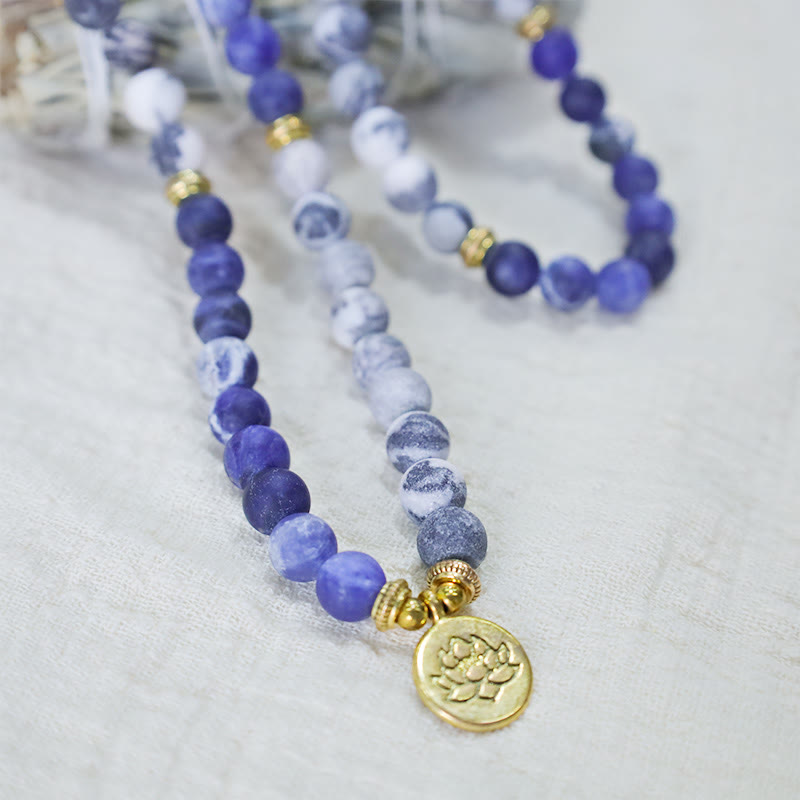 Buddha Stones 108 天然ピカソジャスパー&ブルーストーンMalaロータスペンダントブレスレット