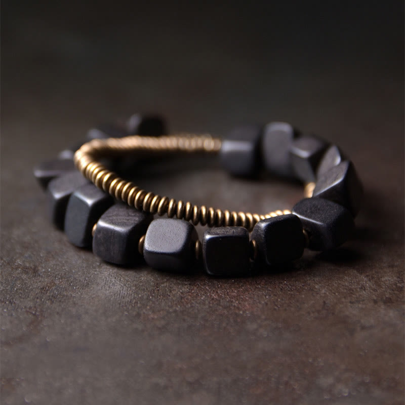 Buddha Stonesチベット黒檀木銅平和ダブルラップブレスレット
