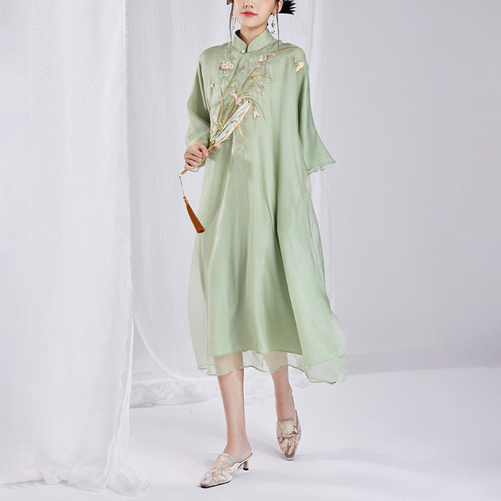 Buddha Stones 100% マルベリーシルク 6匁 ドレス ヴィンテージ フラワー バタフライ 刺繍 チーパオ ドレス レディース チャイナドレス